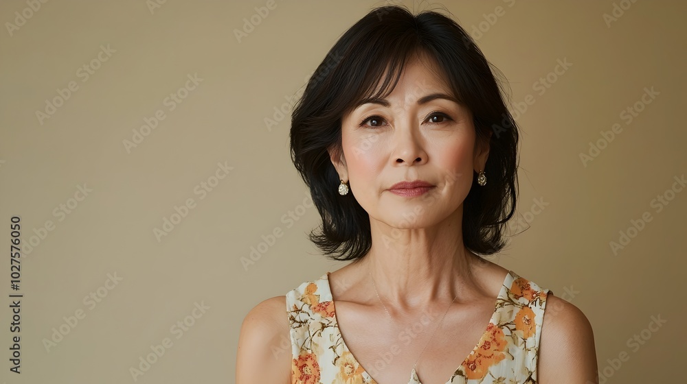 Portrait of a contemplative and stylish middle aged Asian woman wearing a chic floral sundress against a plain beige background with copy space above the subject Portrait of a contemplative and stylish middle aged Asian woman wearing a chic floral sundress against a plain beige background with copy space above the subject
