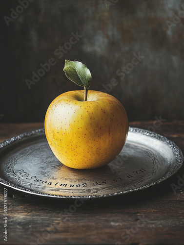 A golden apple sits on an engraved silver plate.  photo