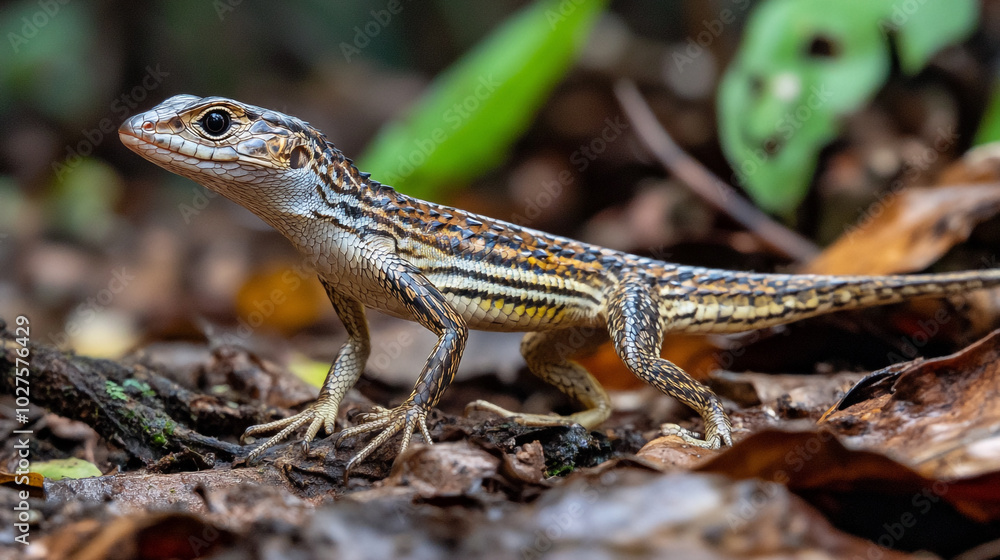 A vibrant lizard exploring the forest floor in a lush tropical environment A vibrant lizard exploring the forest floor in a lush tropical environment