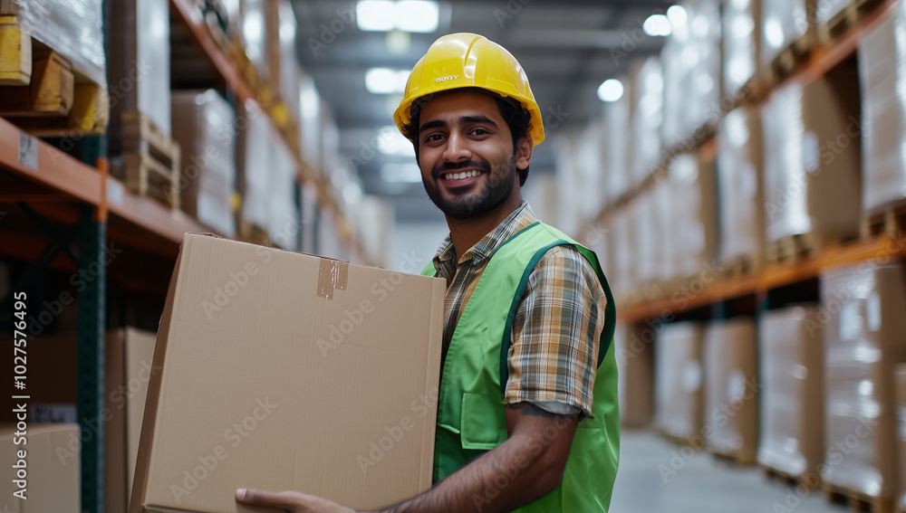 An Indian worker carrying a cardboard box in a warehouse, smiling and looking at the camera, wearing a yellow helmet and a green vest on his back. An Indian worker carrying a cardboard box in a warehouse, smiling and looking at the camera, wearing a yellow helmet and a green vest on his back.