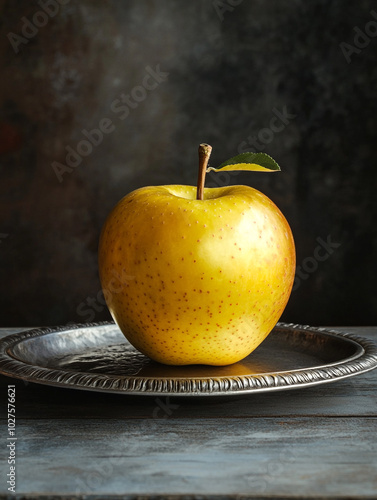 A golden apple sits on an engraved silver plate.  photo