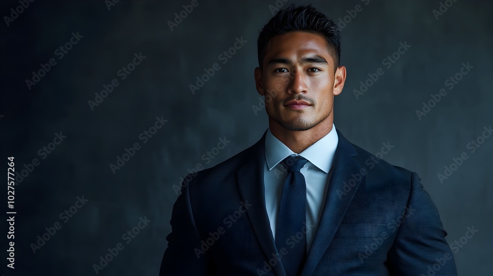 Full body portrait shot of a young confident and sophisticated Polynesian man dressed in a sleek modern business suit against a plain charcoal colored studio background Full body portrait shot of a young confident and sophisticated Polynesian man dressed in a sleek modern business suit against a plain charcoal colored studio background