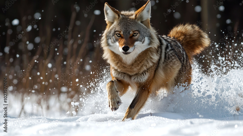 Obraz premium Coyote running through snow in a winter landscape.