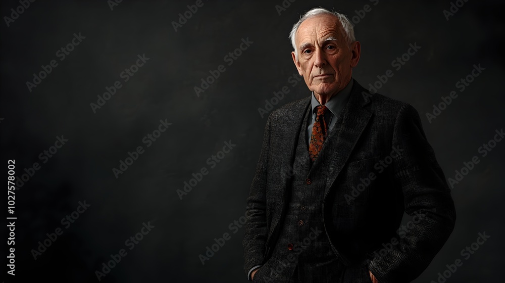 Portrait of a Stern and Seasoned Caucasian Businessman Dressed in a Tailored Three Piece Suit Posing Against a Charcoal Studio Background with Dramatic Lighting Portrait of a Stern and Seasoned Caucasian Businessman Dressed in a Tailored Three Piece Suit Posing Against a Charcoal Studio Background with Dramatic Lighting