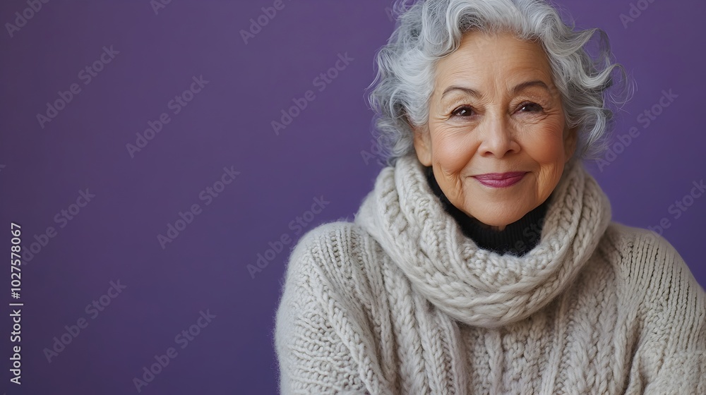 Cheerful and Content Elderly Hispanic Woman Dressed in a Cozy Cable Knit Sweater and Corduroy Pants Posing in a Lavender Studio with Warm Lighting Cheerful and Content Elderly Hispanic Woman Dressed in a Cozy Cable Knit Sweater and Corduroy Pants Posing in a Lavender Studio with Warm Lighting