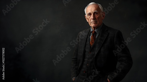 Portrait of a Stern and Seasoned Caucasian Businessman Dressed in a Tailored Three Piece Suit Posing Against a Charcoal Studio Background with Dramatic Lighting