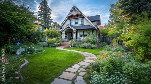 A charming two-story house with a lush, manicured lawn and a stone path leading to the front door.