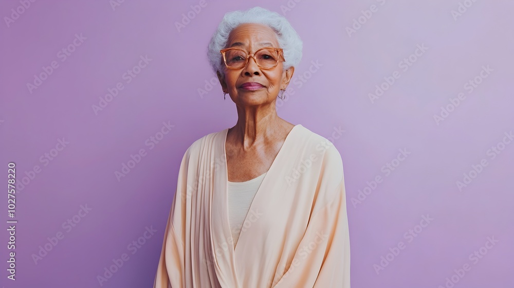 Serene and Confident Multiracial Elderly Woman in Simple Elegant Robe Posing Peacefully on Plain Lavender Background with Copyspace Serene and Confident Multiracial Elderly Woman in Simple Elegant Robe Posing Peacefully on Plain Lavender Background with Copyspace