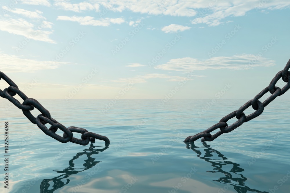 Fototapeta premium Broken Metal Chain Over Calm Ocean Water Concept of Freedom and Liberation from Constraints