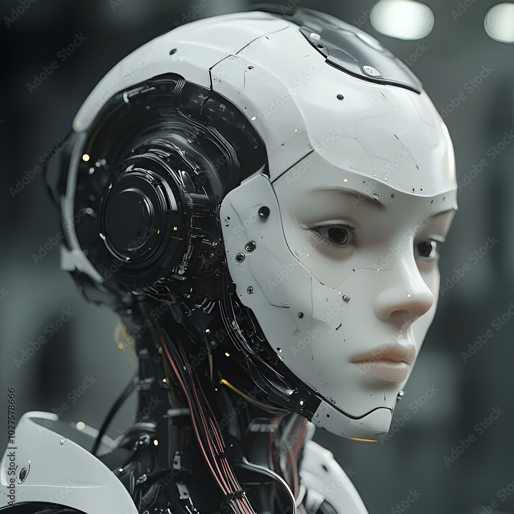 Close-up of female android face with detailed circuitry. Close-up of female android face with detailed circuitry.