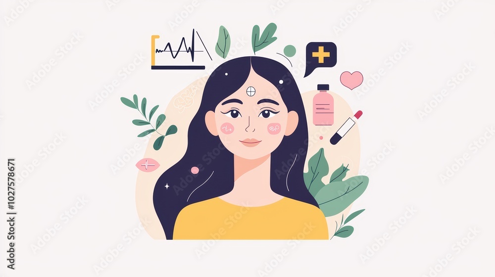 A cheerful woman surrounded by wellness elements, depicting health, care, and beauty in a serene illustration. A cheerful woman surrounded by wellness elements, depicting health, care, and beauty in a serene illustration.