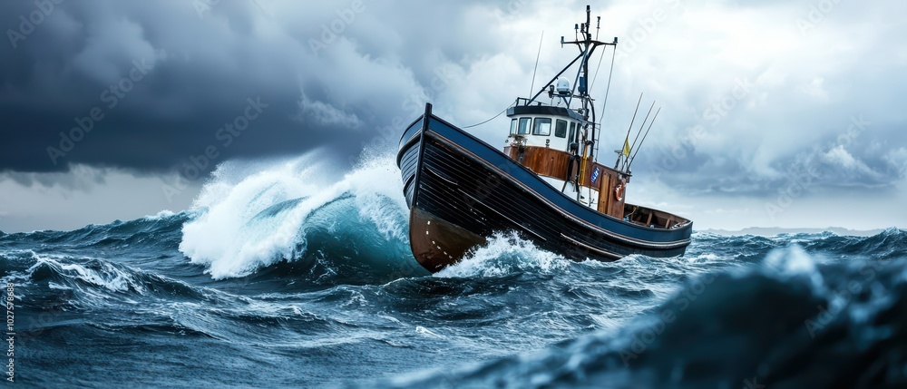 Obraz premium A classic fishing boat battling stormy waves under dark clouds.