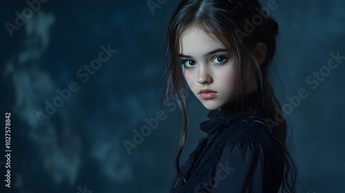 Moody Teenage Girl in Dramatic Gothic Fashion Poses Against Muted Navy Studio Background with Theatrical Lighting and Ample Copy Space Above the Subject