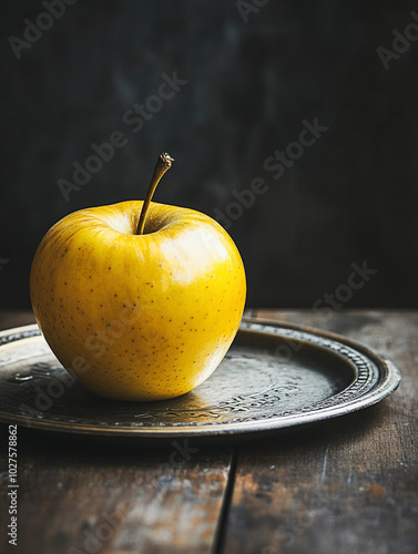 A golden apple sits on an engraved silver plate.  photo