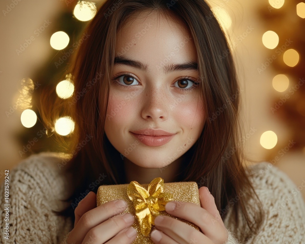 Woman Holding a Warm Gift Box, Radiating Comfort and Joy This Holiday Season A Perfect Capture of Festive Cheer and the Spirit of Giving Woman Holding a Warm Gift Box, Radiating Comfort and Joy This Holiday Season A Perfect Capture of Festive Cheer and the Spirit of Giving
