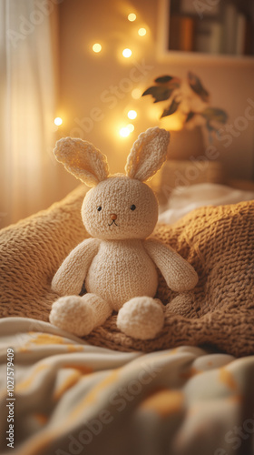 Knitted rabbit toy on blanket.