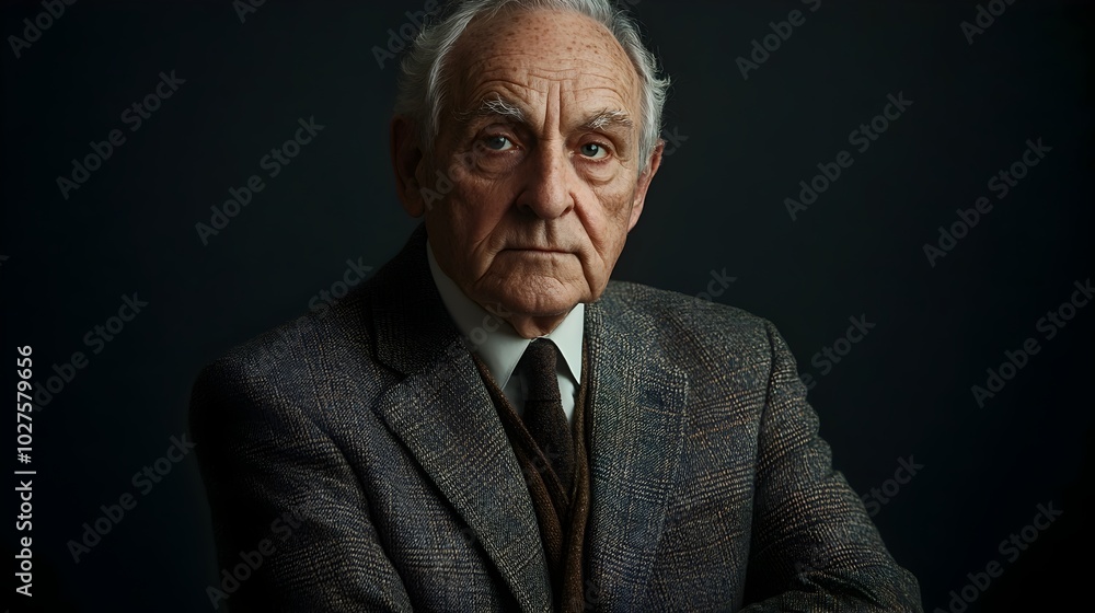 Pensive and Thoughtful Elderly Caucasian Man Dressed in a Classic Three Piece Suit Posing for a Portrait in a Lighting Studio Setting Against a Charcoal Background Pensive and Thoughtful Elderly Caucasian Man Dressed in a Classic Three Piece Suit Posing for a Portrait in a Lighting Studio Setting Against a Charcoal Background