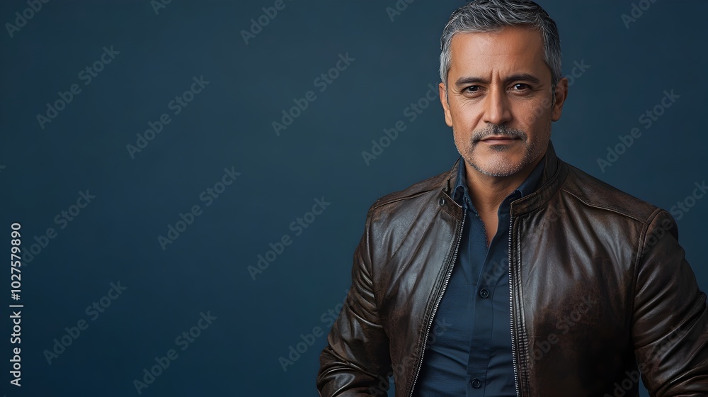 Charismatic and Confident Portrait of a Middle Aged Hispanic Male Model Wearing a Stylish Leather Jacket and Slim Fit Pants Against a Plain Indigo Blue Studio Background Charismatic and Confident Portrait of a Middle Aged Hispanic Male Model Wearing a Stylish Leather Jacket and Slim Fit Pants Against a Plain Indigo Blue Studio Background