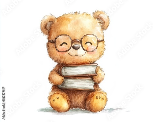 Cute Isometric Watercolor Bear with Books
