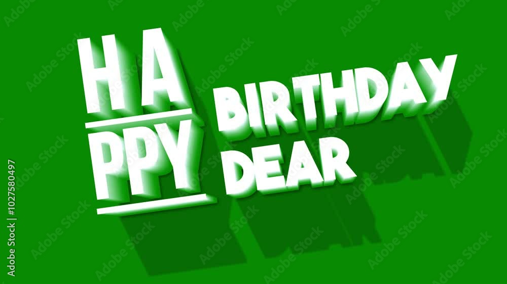 Happy birthday greeting 3D Text effect video. Birthday greeting text in green Background party hat, whistle hanging elements Happy birthday greeting 3D Text effect video. Birthday greeting text in green Background party hat, whistle hanging elements