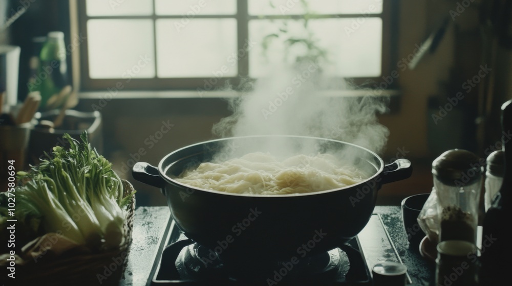Steaming Pot on Stove in Cozy Kitchen Setting Steaming Pot on Stove in Cozy Kitchen Setting