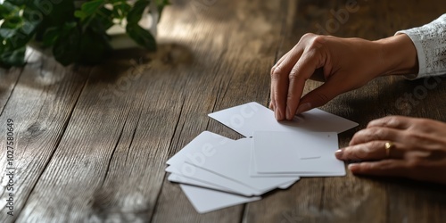 Human hands are seen dealing blank cards on a rustic wooden table, evoking themes of chance, decision-making, and anticipation in a tactile environment.