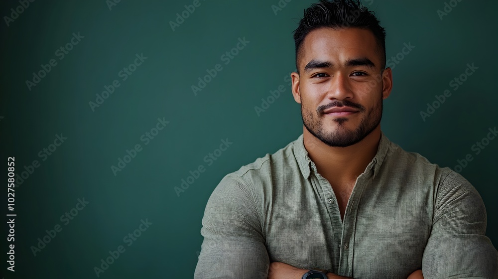 Fototapeta premium Portrait of a young confident Polynesian man dressed in a sleek modern workwear look posing against a plain hunter green background in a professional photo studio setting
