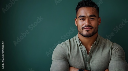 Portrait of a young confident Polynesian man dressed in a sleek modern workwear look posing against a plain hunter green background in a professional photo studio setting