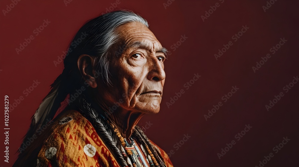 A serene and contemplative portrait shot of an older Native American man dressed in traditional ceremonial robes against a plain deep red studio background leaving ample copy space above the subject A serene and contemplative portrait shot of an older Native American man dressed in traditional ceremonial robes against a plain deep red studio background leaving ample copy space above the subject