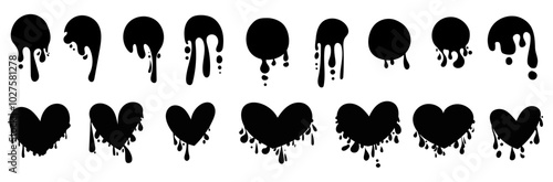 Blob heart dripping water splash hand drawn sketch doodle set collection.