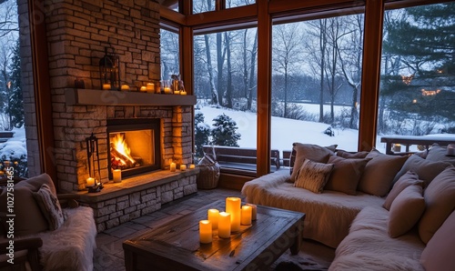A cozy living room with a fireplace and candles lit, a large window overlooking a snow covered backyard.