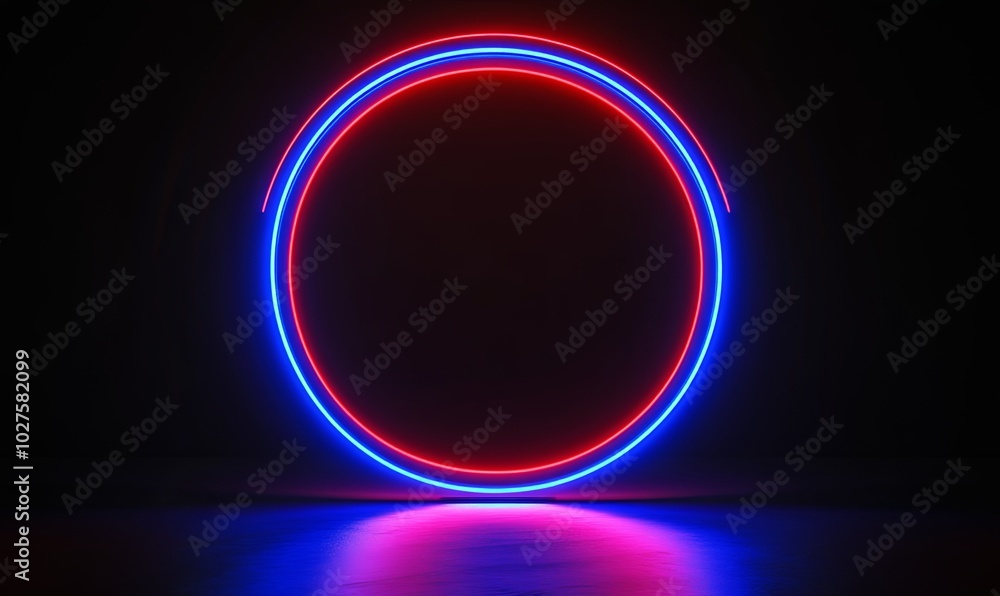 A bright red neon ring inside a bright blue neon ring, both glowing in the dark. The rings are reflecting off the dark floor. A bright red neon ring inside a bright blue neon ring, both glowing in the dark. The rings are reflecting off the dark floor.