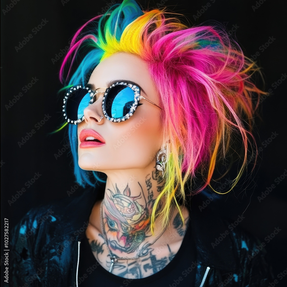an edgy punk woman with vibrant multi-colored hair, wearing bold sunglasses and street-style an edgy punk woman with vibrant multi-colored hair, wearing bold sunglasses and street-style