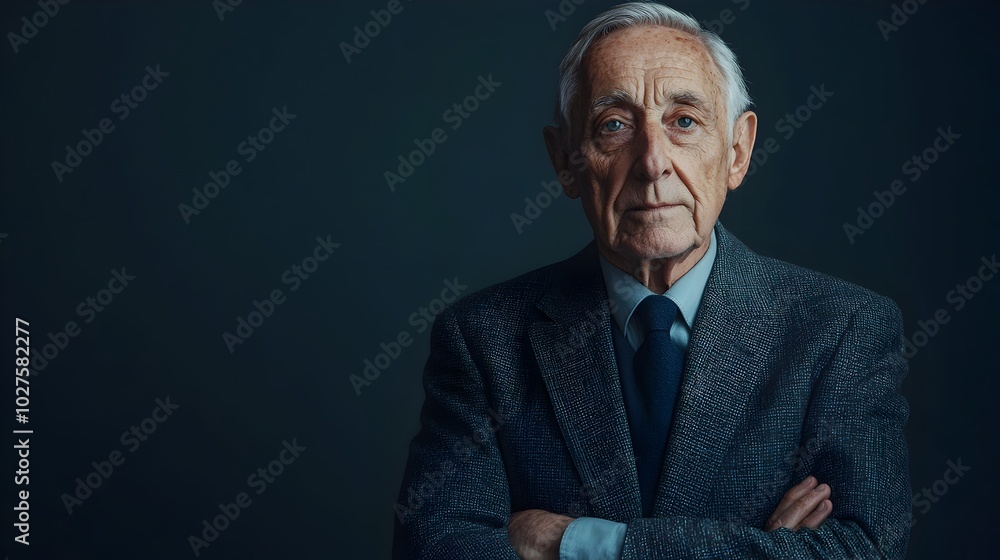 Fototapeta premium Pensive and Experienced Elderly Caucasian Man Wearing Classic Three Piece Suit with Serious Expression Against Charcoal Studio Background The image conveys a sense of authority wisdom