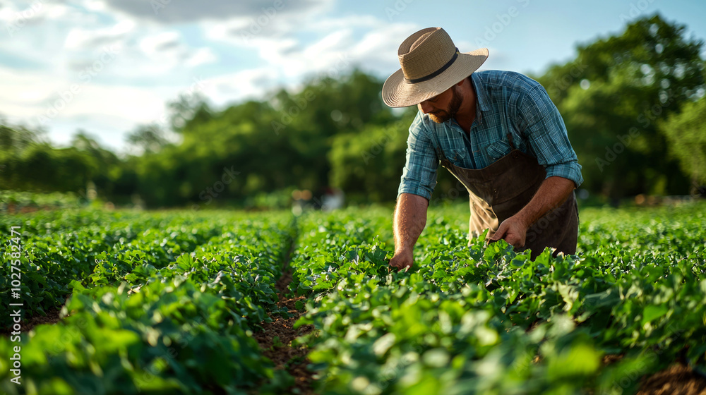 Farmer tending to crops in a lush field. Farmer tending to crops in a lush field.