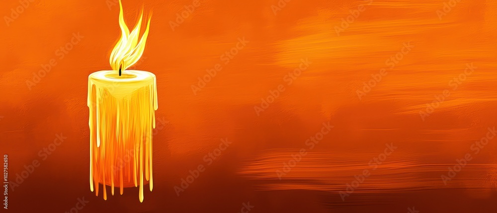 A vibrant candle with a melting wax and flickering flame against a warm orange background. A vibrant candle with a melting wax and flickering flame against a warm orange background.