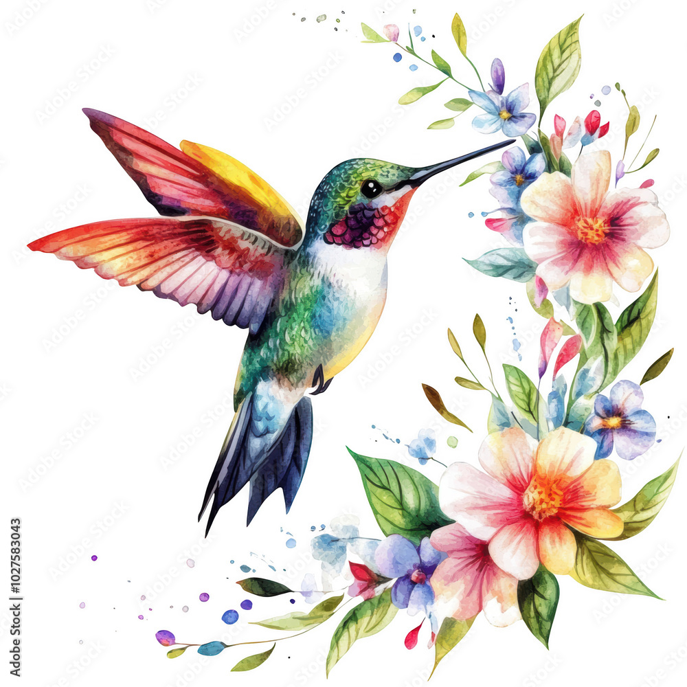 Obraz premium Hummingbird's Embrace: A vibrant watercolor painting of a hummingbird delicately feeding from a lush floral wreath, capturing the beauty of nature's vibrant palette.