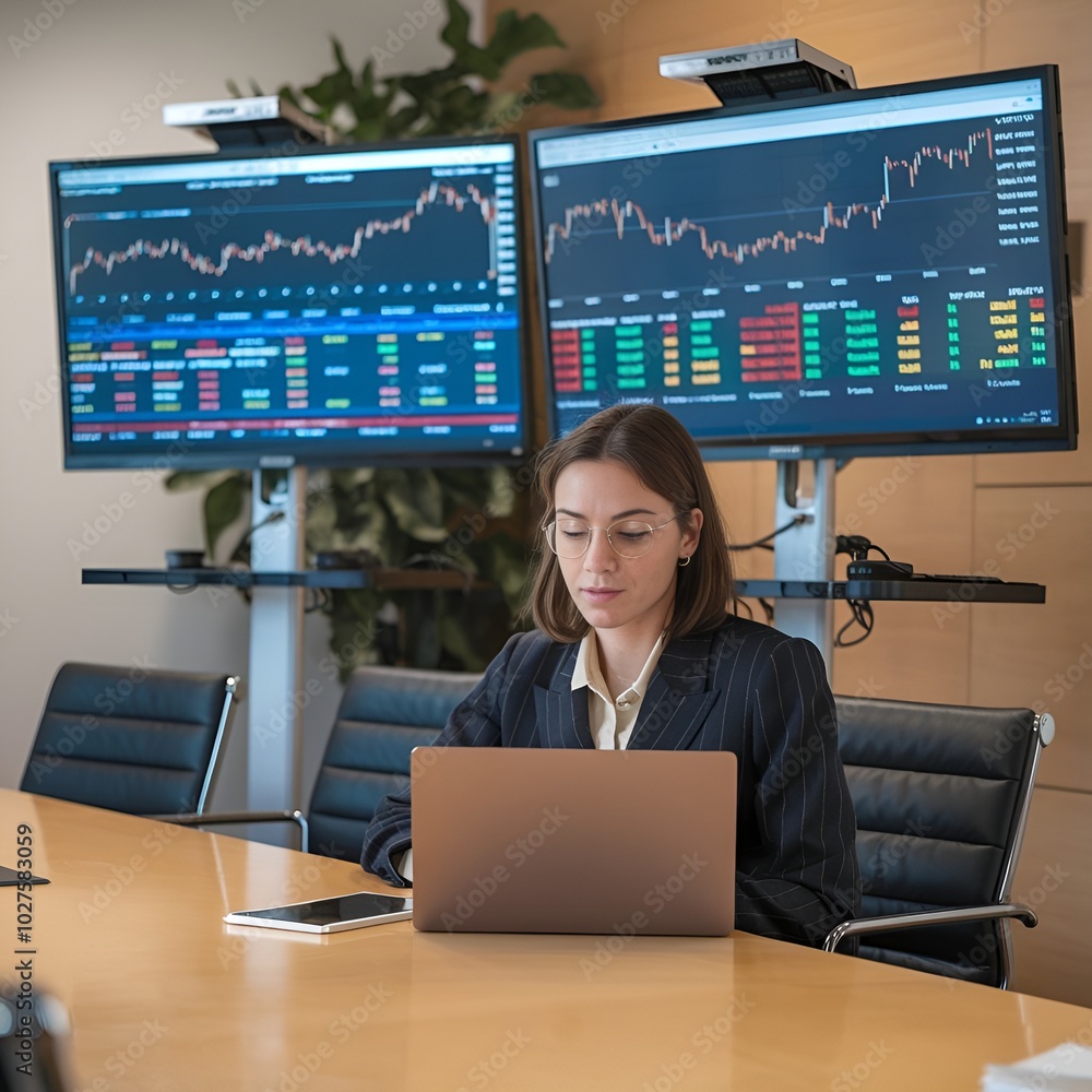 Businesswoman preparing financial reporting in modern office with dual screens Businesswoman preparing financial reporting in modern office with dual screens