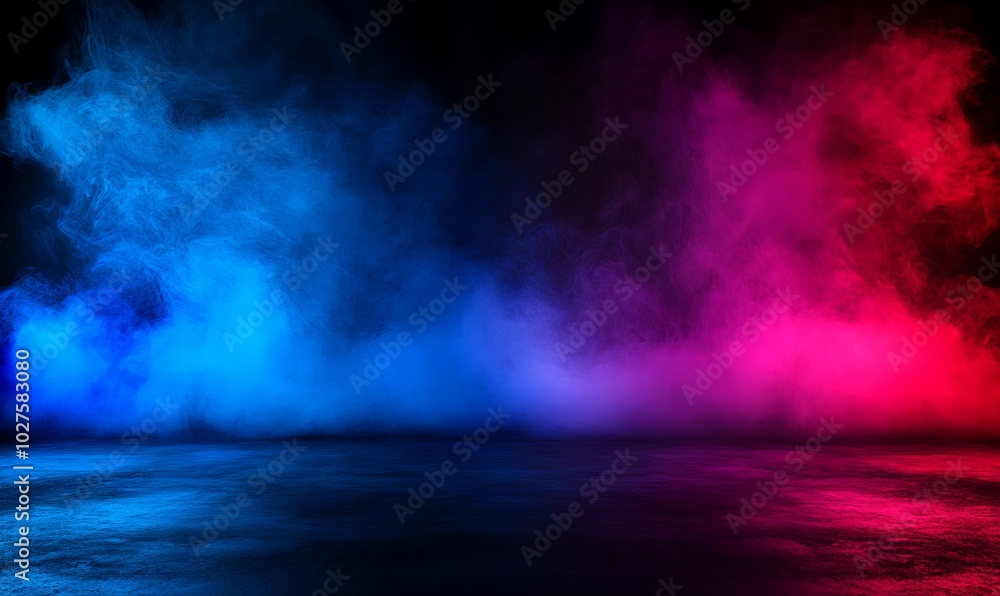 Abstract background with blue and red smoke illuminated by neon lights on a dark background. Abstract background with blue and red smoke illuminated by neon lights on a dark background.