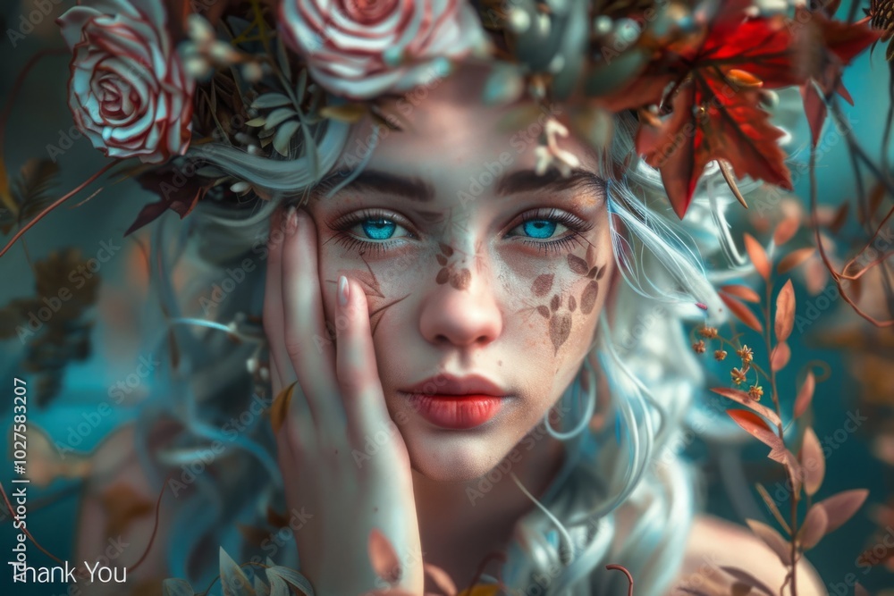Obraz premium A woman with blue eyes and white hair is wearing a flower crown