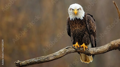 A majestic bald eagle perches on a branch, its sharp gaze fixed on the viewer, with a blurred forest background. photo