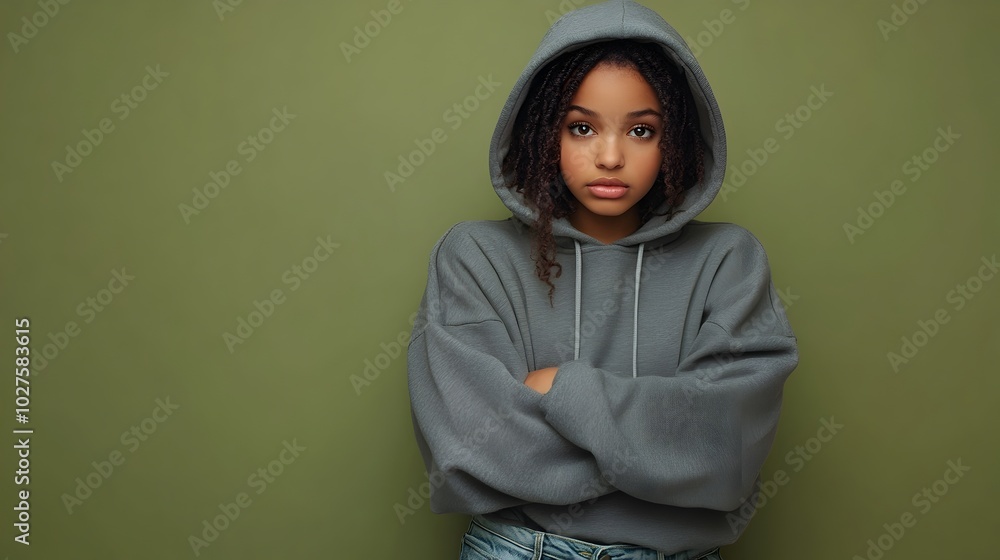 Portrait shot of a thoughtful and anxious teenage African American girl dressed in an oversized hoodie and ripped mom jeans Portrait shot of a thoughtful and anxious teenage African American girl dressed in an oversized hoodie and ripped mom jeans