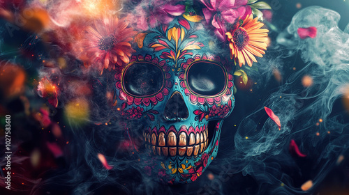 Colorful skull with flowers in a fantasy-style artwork