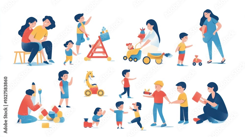 Fototapeta premium Kids playtime vector illustrations, showing children playing with toys, parents joining in, lively and joyful