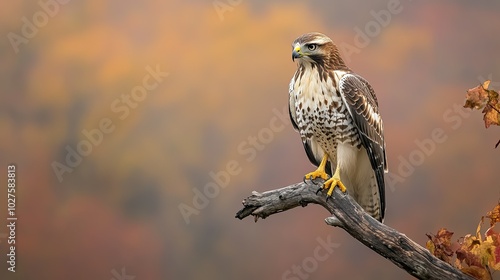 A hawk with brown and white feathers perches on a branch against a blurry background of red and yellow fall foliage.