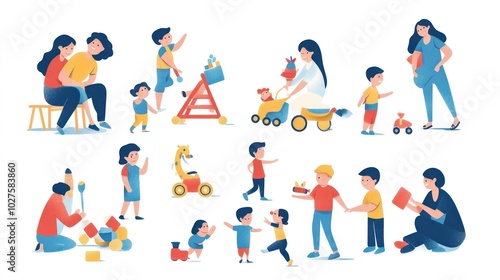 Kids playtime vector illustrations, showing children playing with toys, parents joining in, lively and joyful