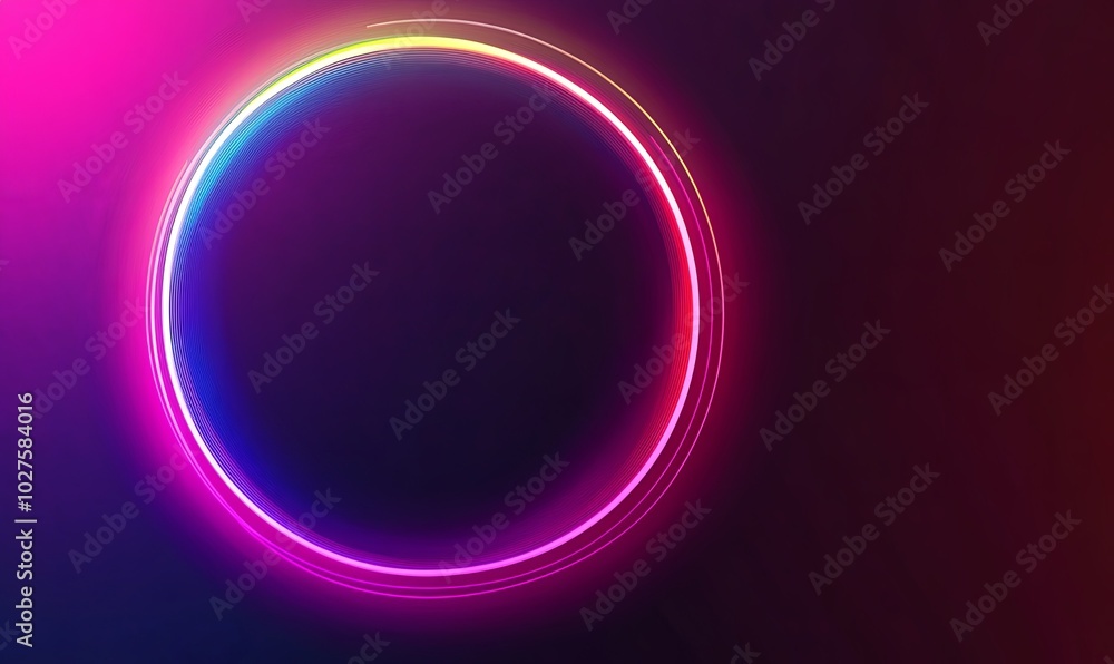 A vibrant, glowing neon circle with a pink, blue and yellow hue on a dark background. A vibrant, glowing neon circle with a pink, blue and yellow hue on a dark background.