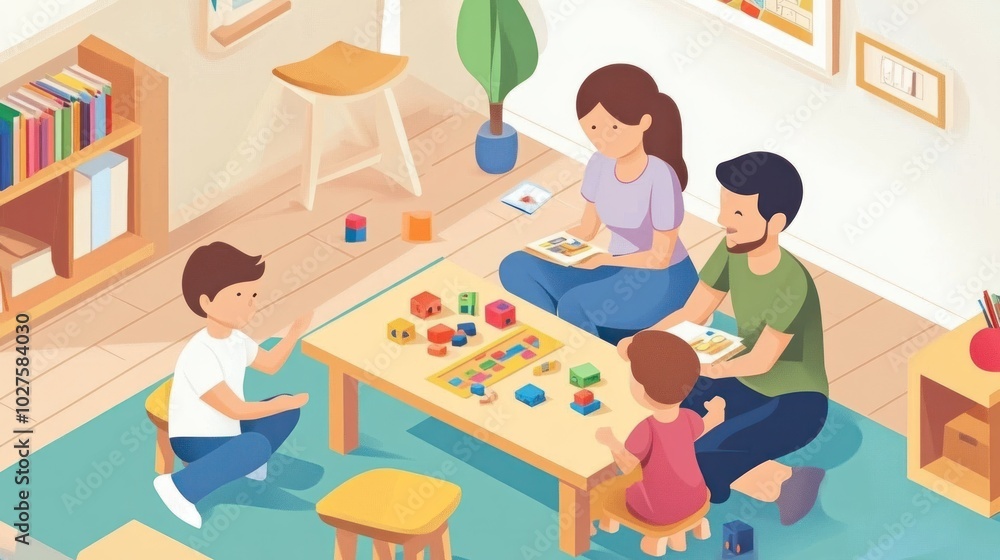 Learning activities vector, depicting parents helping kids with educational games and activities at home Learning activities vector, depicting parents helping kids with educational games and activities at home