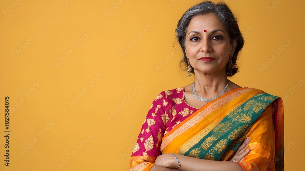 Portrait of a thoughtful middle aged Indian woman dressed in a vibrant colorful sari with studio lighting on a plain mustard background conveying a sense of elegance cultural identity Portrait of a thoughtful middle aged Indian woman dressed in a vibrant colorful sari with studio lighting on a plain mustard background conveying a sense of elegance cultural identity
