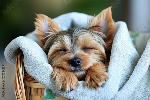A tiny Yorkie puppy sleeping in a basket, snuggled up in a blanket, capturing the cuteness of its early days